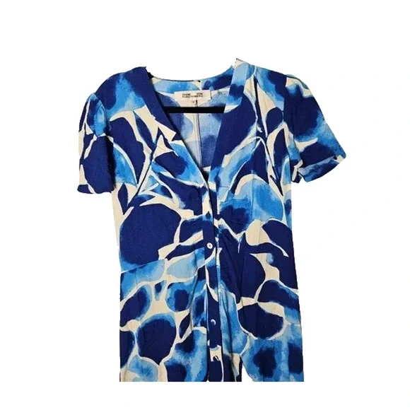 DIANE VON FURSTENBERG Milo Cecilia Crepe Midi Shirt Dress Blue White V Neck M